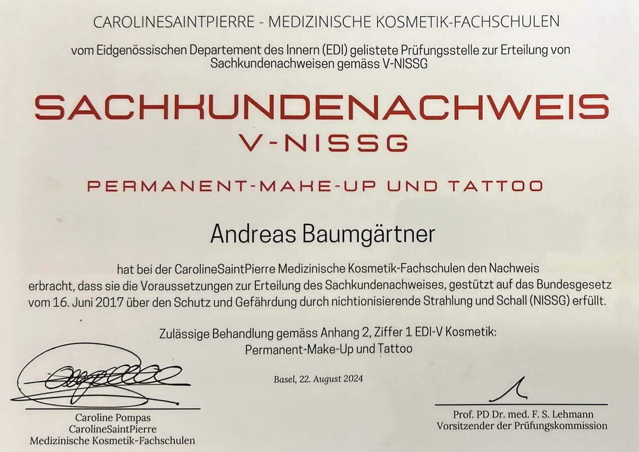 Sachkundenachweis V-NISSG für Andreas Baumgärtner, ausgestellt 2024